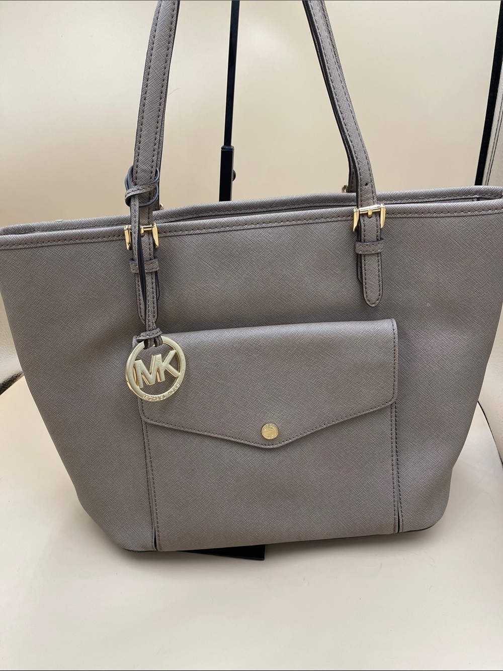 Michael Kors Gray Saffiano Tote with Front Pocket and MK Charm Beautiful Bag